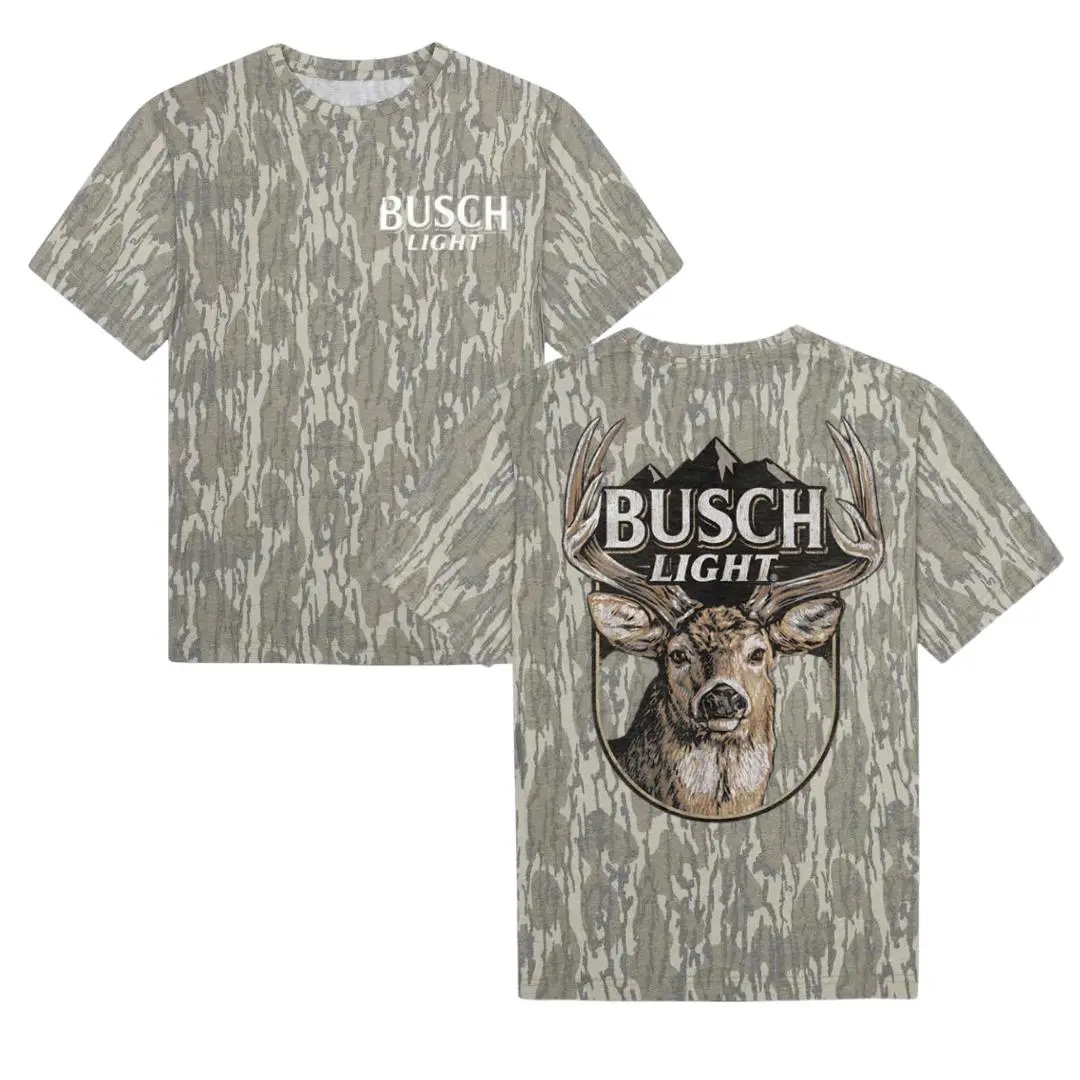 Busch Light Beer Mossy Oak Camo Graphic T-Shirt, Washed Bottomland 3D Print Outdoor Hunting Shirt, 95% Cotton Casual Ranch Tee for Men Women