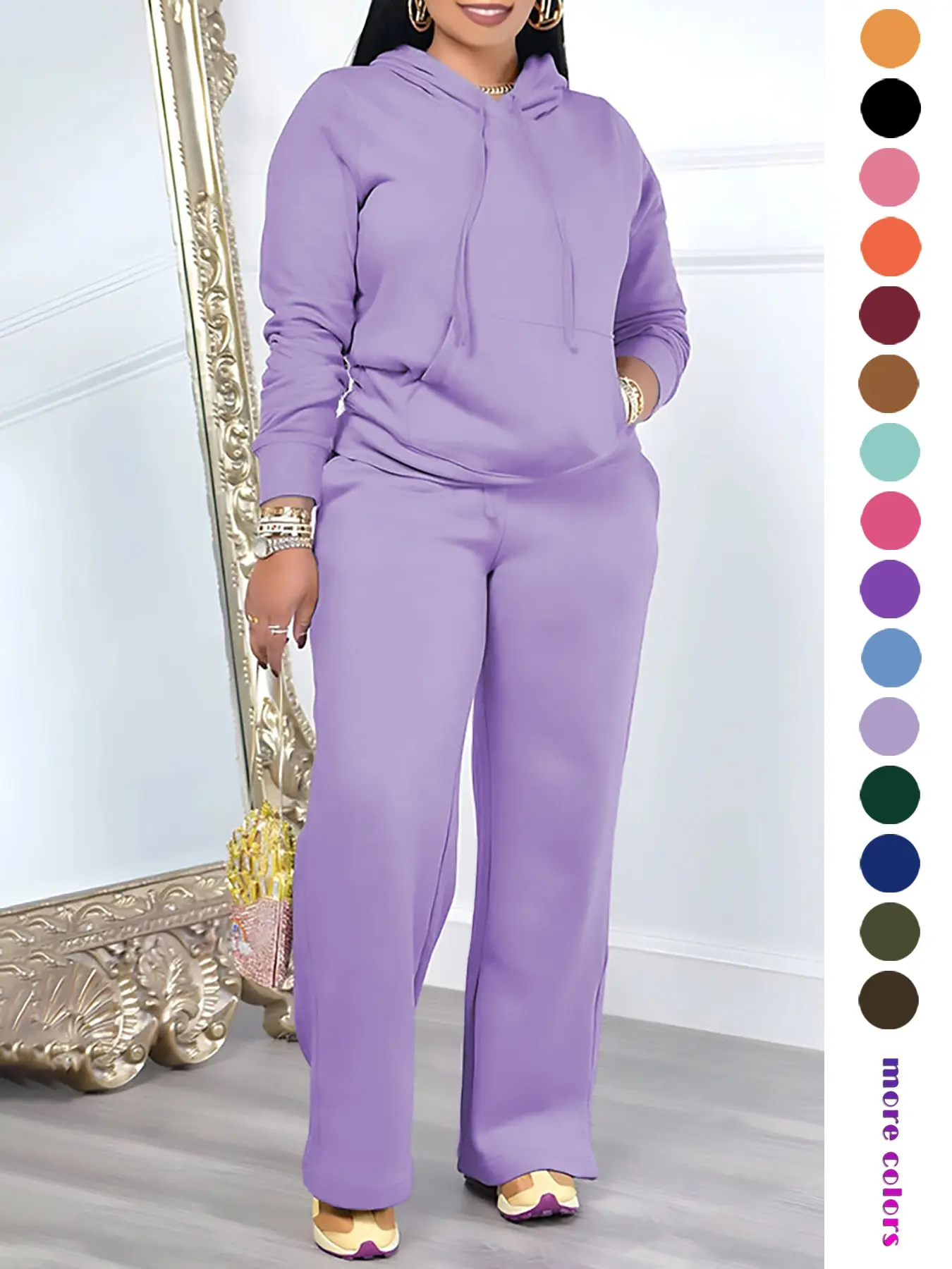 Two-Piece Set Outfit Women's Basic Solid Adjustable Drawstring Hoodie & High Waist Pants Set, Casual Long Sleeve Pocket Hooded Sweatshirt & Straight Leg Trousers for Spring & Fall, Ladies' Clothes for Daily Wear