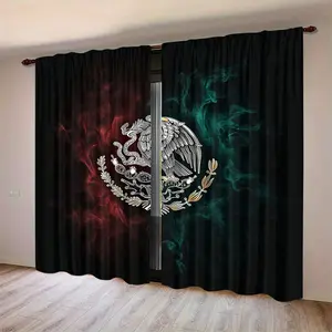 2 Piece Set Mexico Flag Digital Print Curtains, Semi-Transparent Polyester Material, Rod Pocket Design, Suitable for Bedroom Living Room Dining Kitchen, Window Curtain