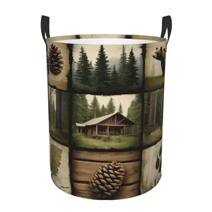 Rustic Cabin Laundry Basket - Round Clothes Hamper with Bear, Pine Trees & Log Cabin Design in Earthy Brown/, Laundry Room, Home Decor - Farmhouse Organization Bin, Natureinspired Pattern, Reinforced Handles, Nature Enthusiasts, Laundry Baskets