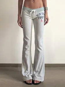 Women's Low Waist Straight Leg Knit Pants, Casual Lounge Pants, Letter & Number Print, Casual Streetwear, Suitable for Gym, Home, Daily Wear, Commuting