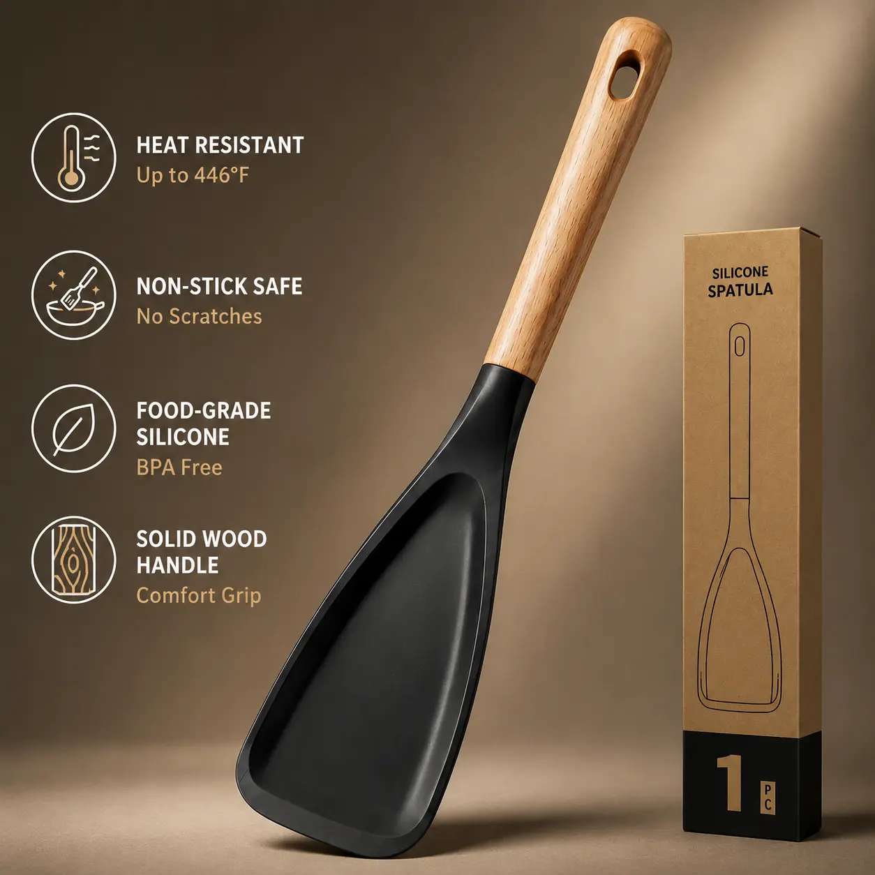 Cooking Spoon for Nonstick Cookwares, Great for Cooking and Serving Durable BPA-Free Matte Silicone, Wood Handle Spoon for Mixing, Scoop, and Scrape