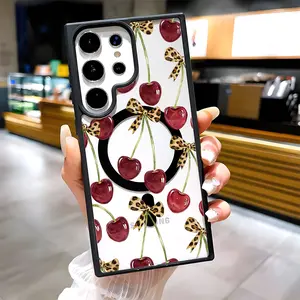 Cherry Leopard Print Bow Clear Magnetic Phone Case, Compatible with MagSafe Silicone Bumper Protective Cover For Samsung S26 S25 S24 S23 S22 Ultra Plus FE
