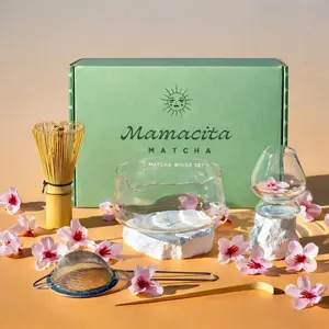 Whisk Set 5-Piece Matcha Bowl Whisk Kit with Bamboo Scoop Glass Matcha Bowl Holder Sieve Handmade Clear Borosilicate Glass