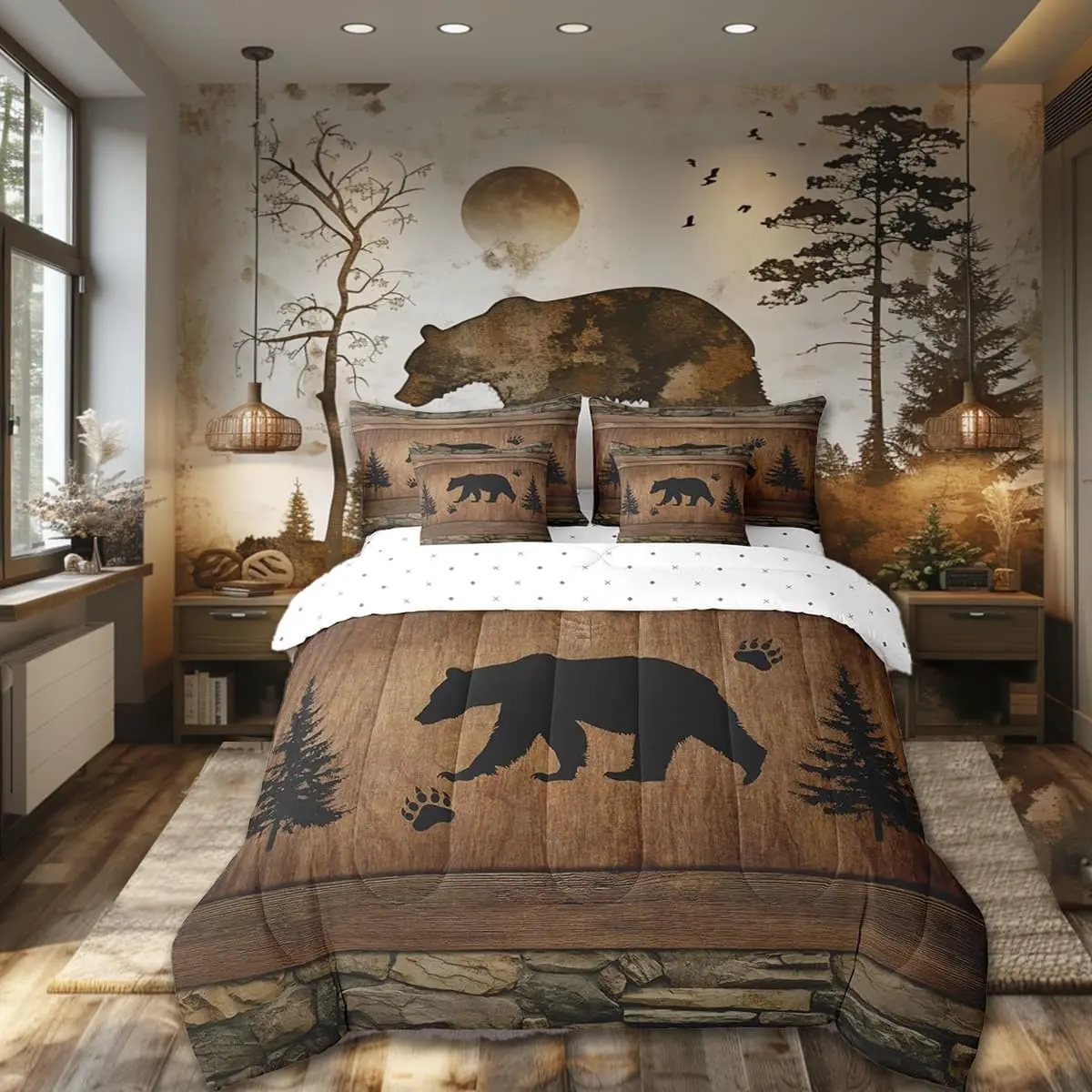Feelyou Complete 7-Pieces Rustic Bedding Set, Bear Themed Comforter Set, Brown Wooden Plank Design, Wild Animal Hunt Bedding for Boys and Adults, Rustic Bedding Sets