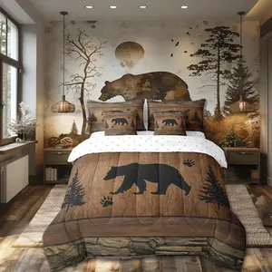 Feelyou Complete 7-Pieces Rustic Bedding Set, Bear Themed Comforter Set, Brown Wooden Plank Design, Wild Animal Hunt Bedding for Boys and Adults, Rustic Bedding Sets