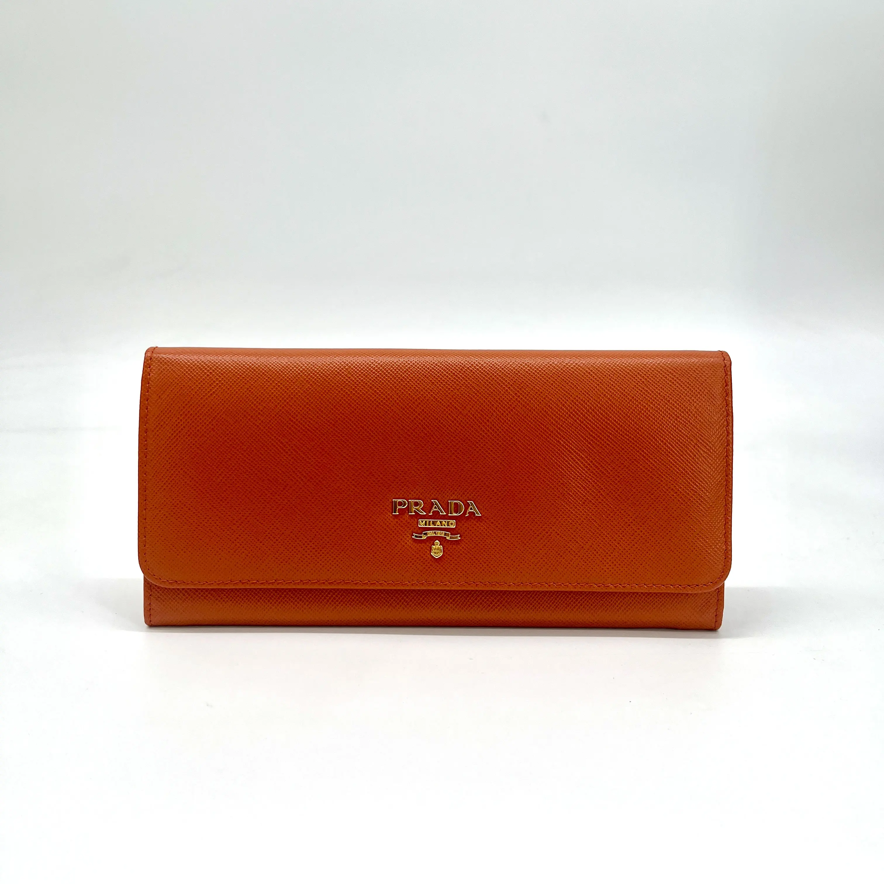 Pre-owned PRADA Leather Wallet Genuine Saffiano Metal Continental Flap, Papaya Orange (Pre Loved Luxury Accessory), Genuine Wallet
