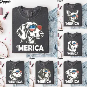 [50+ DOG BREEDS] Merica Dog T-Shirt, Patriotic Dog Graphic Tee With American Flag Shades, Funny USA Pup Shirt, Fourth Of July Pet Lover Gift, Comfort Colors Style Unisex Casual Tee, 4th Of July Gift - By Thanya LLC