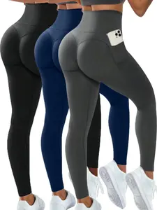 Sporty Women's Solid Color Pocket Seamless Stretchy High Waist Sports Leggings, Shaping Leggings, Sport Comfy Breathable Skinny Pants, Fitness Workout Pants for Yoga Gym Workout, Ladies Sportswear for All Seasons