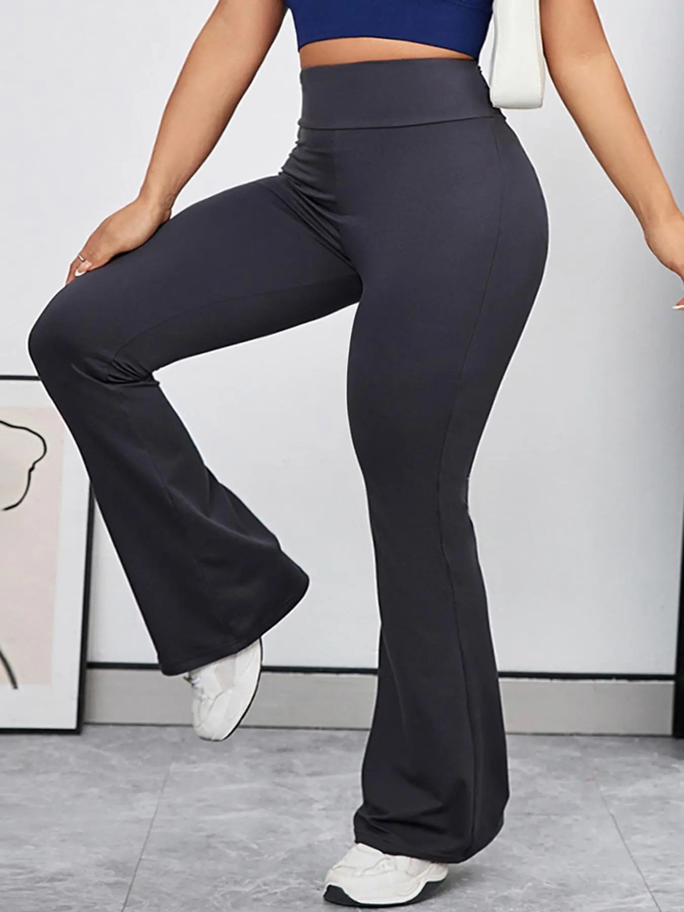 Plus Size Solid High Waist Flare Leg Sports Leggings, Breathable Wide Waistband Bell Bottom Pants for Yoga, Gym and Fitness, Women's Plus Sportswear, Gym Workout Sportswear, Workout Clothes Women