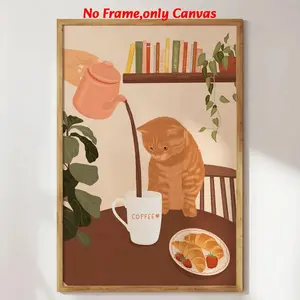 1 pc, wall art, artwork, animal poster, cat art print, coffee print, kitchen decor, funny cat poster, coffee lover poster, housewarming gift, coffee lover print, dining room decor, kitchen decor, unframed, Quirky, Artistic, Decoration