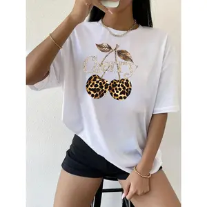 Women's Vibrant Orange Leopard Print Fitted Short-Sleeve Round Neck Sports Top, Medium Stretch, Machine Washable, All-Season, Glitter Lettering, Lady Streetwear Tee