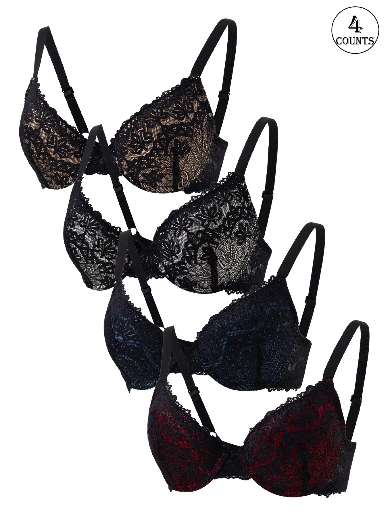 5 pack women lingerie bra lace trim with underwire unlined push up Lightweight breathable skin friendly supportive hook closure adjustable straps Adjustable Bras