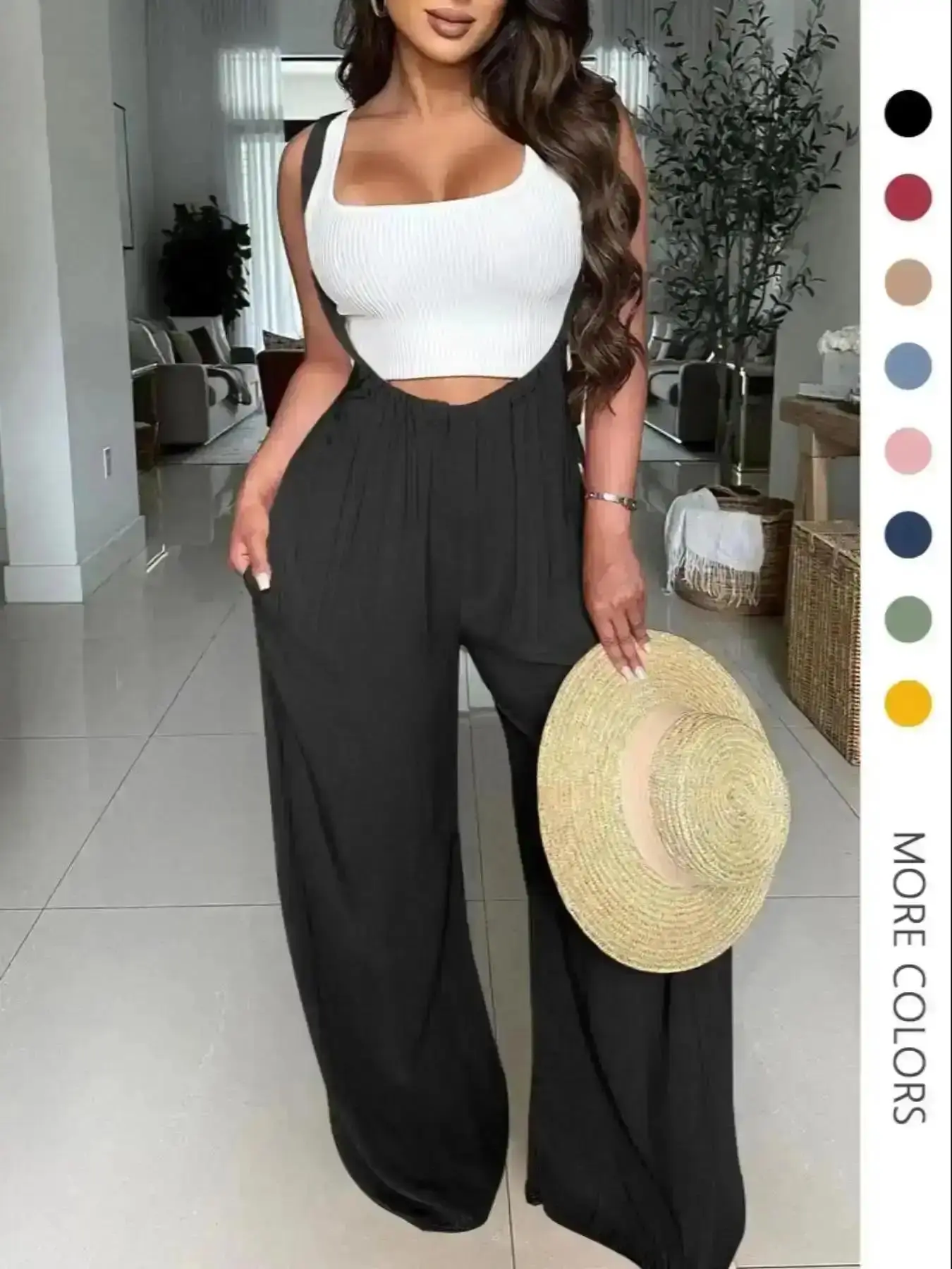 2026 Women's Drawstring Tie Back Wide Leg Pocket Suspender Pants without Tank Top, Casual Loose Fit Jumpsuit for Summer, Pants for Women, Women's Bottoms for Daily Wear