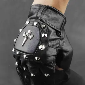Punk Rocker Men's Leather the skull Motorcycle Biker Driving Fingerless Gloves