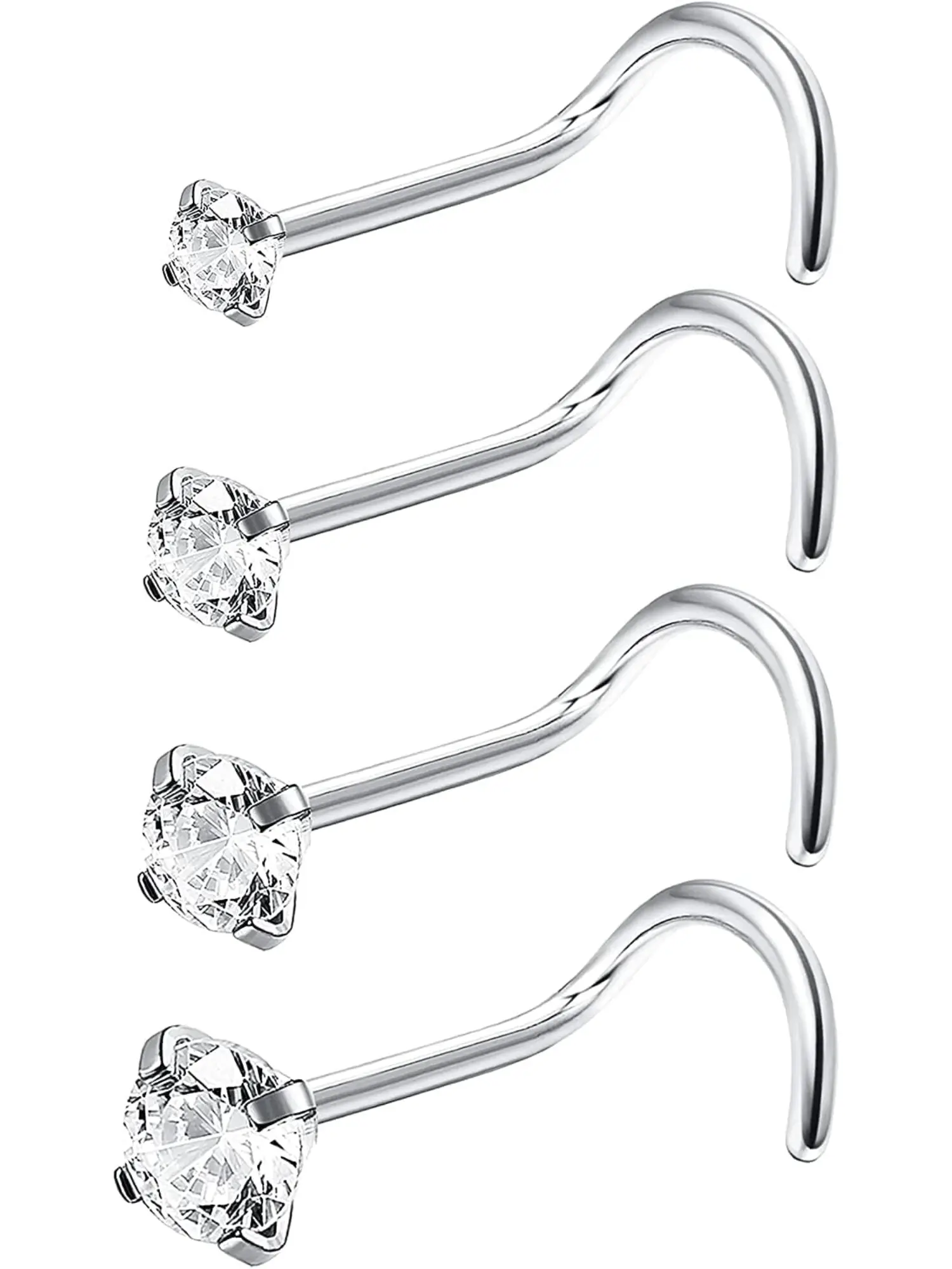 4Pcs Titanium Nose Rings 18G & 20G - L Shaped, Corkscrew - Clear CZ Nose Studs Rhinestone Gems Nose Ring Hypoallergenic Nostril Piercing Jewelry for Women & Men Piercings Jewelry - 1.5mm, 2mm, 2.5mm, 3mm