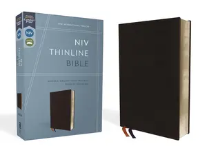 NIV, Thinline Bible, Bonded Leather, Black, Red Letter, Comfort Print Bonded Leather