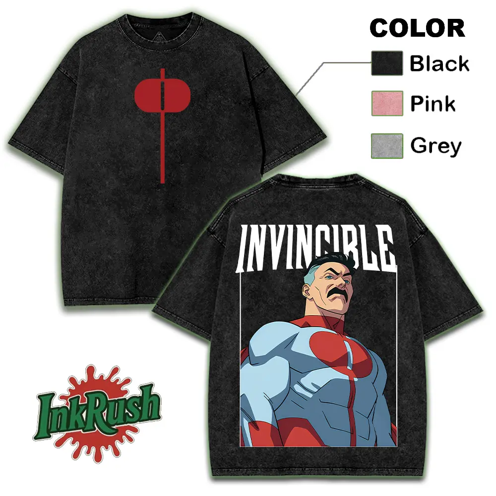 [COLLECTION] 4 DESIGN Omni-Man Invincible Washed Tee, Cotton, Unisex Streetwear, Retro Anime Graphic Shirt, Perfect Gift for Fans Fabric Menswear graphic tee lover