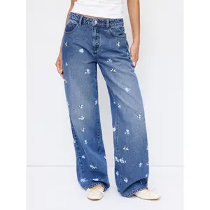 Cider Denim Embroidery Ditsy Floral High Rise Wide Leg Jeans