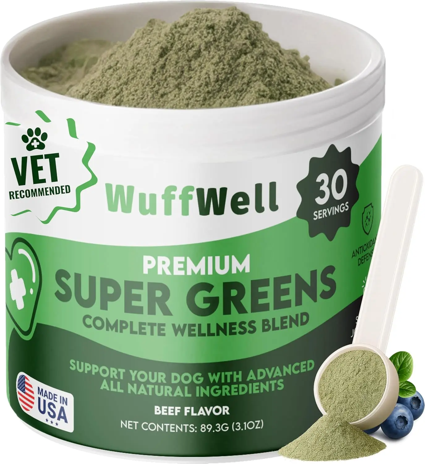 WuffWell Premium Super Greens Complete Wellness Blend for Dogs - Beef Flavor, 30 Servings, Vet Recommended, Made in USA, Supports Joint Flexibility & Immune Resilience