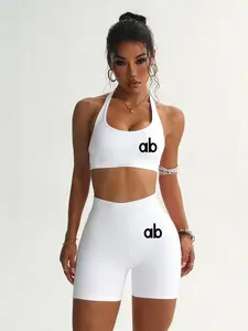 Women's Sexy Halter Sportswear Set, High Waist Shorts & Backless Top, Slimming Waist-Hip Ratio, Casual Daily Wear, Athleisure Summer Clothes, Letter Print Details, Athleisure Activewear Set