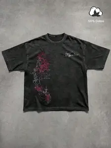 Unisex 100% Cotton Washed Vintage Spider Lily Print Oversized T-Shirt | Y2K Dark Gothic High Street American Retro Streetwear Top