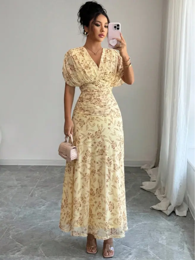 Yellow Floral V-Neck Mesh Maxi Dress Women Puff Sleeve Ruched Waist Elegant Wedding Guest Long Dress Summer Beach Party Dress