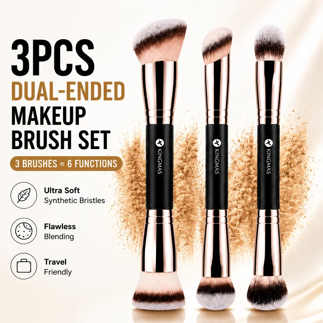KINGMAS 3PCS Dual-Ended Makeup Brush Set - 6-in-1 Dual Edge Smoothing Skin-Safe Kits for Foundation/Contour, Blush, Highlight, Everyday Flawless Application