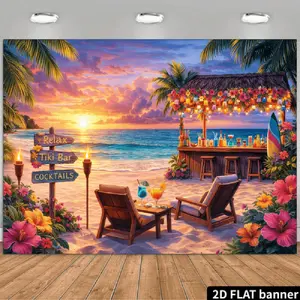 2D Flat Banner Polyester Photography Backdrop, HD Digitally Printed Soft Lightweight Foldable Machine Washable Tropical Beach Sunset Tiki Bar Scene Background Cloth for Party, Birthday, Video Studio, Livestream, Photo Booth, Event