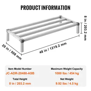 VEVOR Aluminum Dunnage Rack, 48x 20 Commercial Food Floor Rack, 8 Off the Floor, 1000 lbs Capacity All-Welded Aluminum Storage Rack, for Storage in Restaurants, Kitchens, Garages and Vehicles