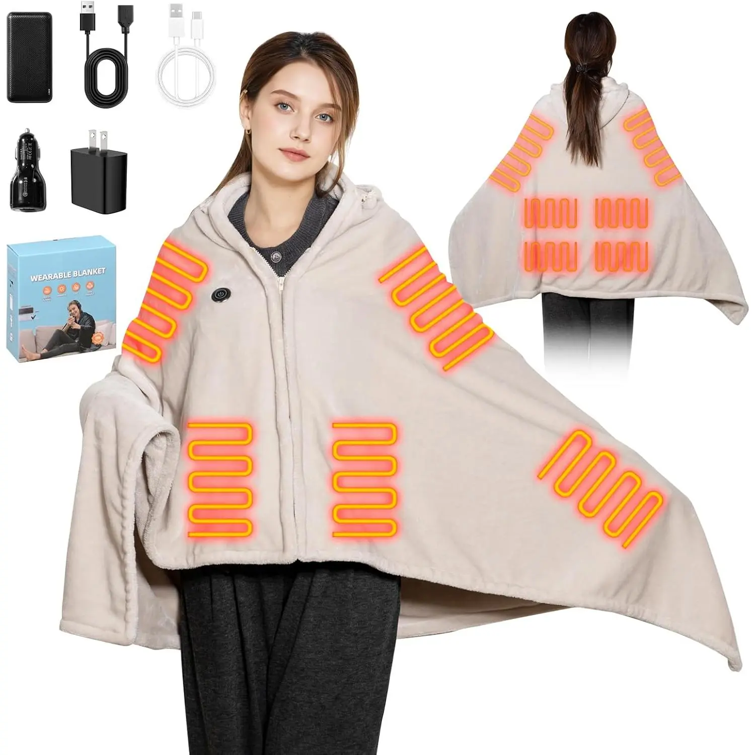 Rechargeable Wearable Heated Blanket Battery Powered with 20000 mAh Battery, 9 Heating Zones, 3 Levels, Portable Heated Throw Blanket, Camping