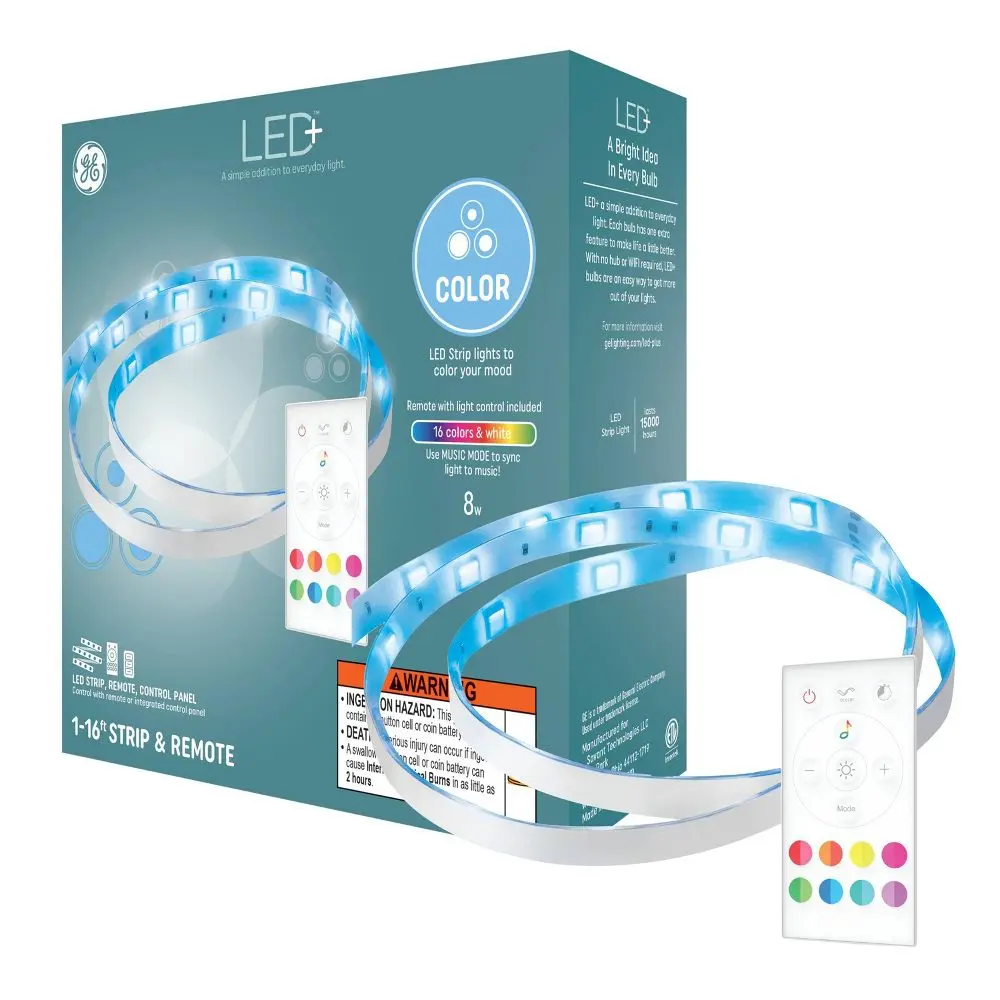 GE 16ft Remote and Control Panel Included LED+ Color Changing Light Strip, Easy Install Led, Interior Led
