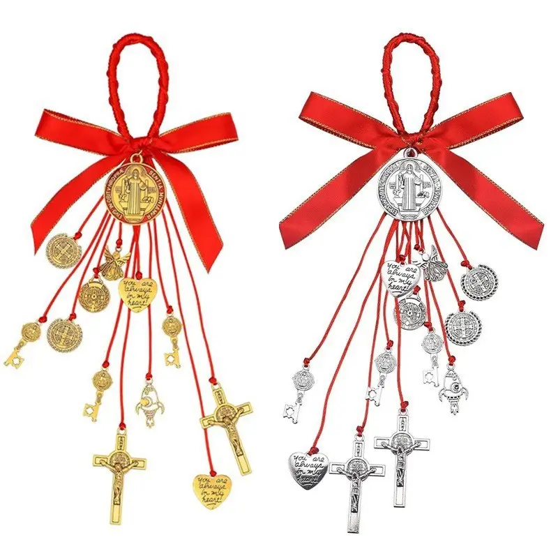 September Laurel  Saint Benedict Car Protection Hanging Charm, Red Cord Cross & Religious Medal Rearview Mirror Ornament, Faith Blessing Car Decor, Meaningful Catholic Gift