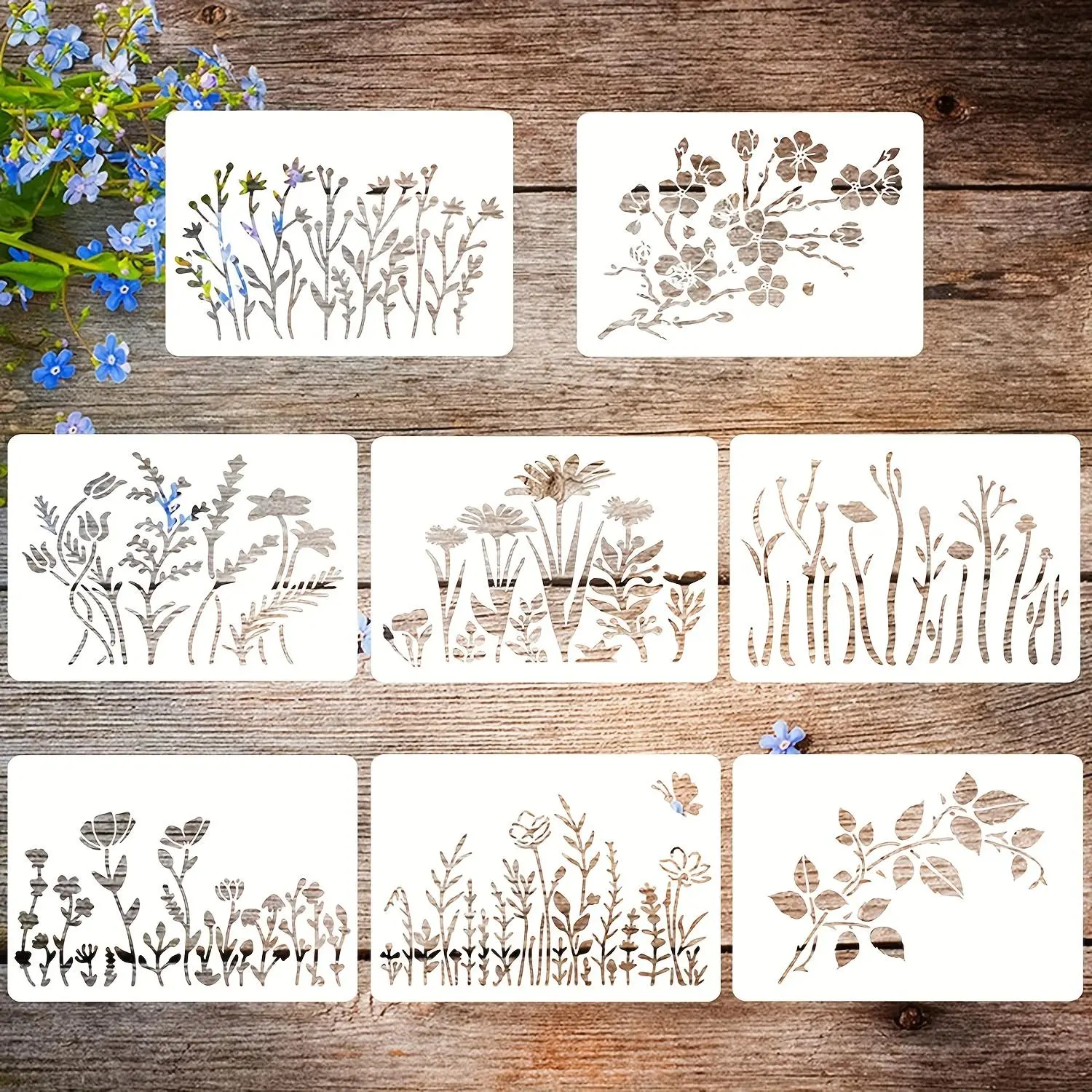 Floral Pattern DIY Craft Drawing Stencil, 8pcs/set Reusable Painting Stencil, Square Crafts Stencil Board For School, Scrapbook Accessories, Handcraft, DIY Craft Kit