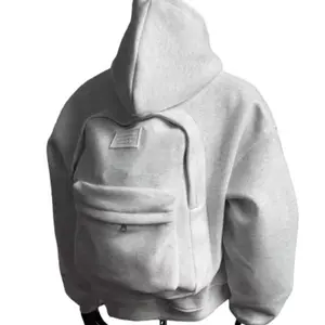 Men's Backpack Cardigan Hoodie White Gray Stylish Sporty Hooded Sweatshirt with Functional Layered Pockets for Gym Casual Outdoor Activities