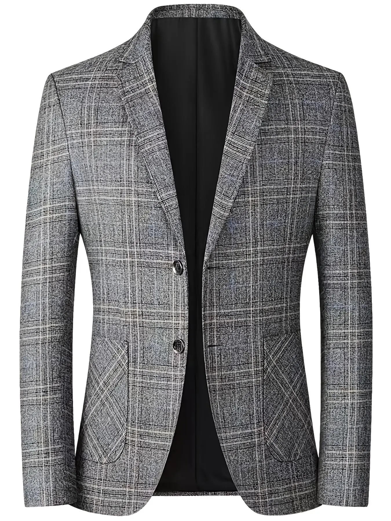 Men's Plaid Print Button Front Blazer, Regular Fit Long Sleeve Pocket Lapel Neckline Blazer, Business Suit Jacket For Work Office Plain, Work Casual Blazers, Checked, Business Suits Outerwear