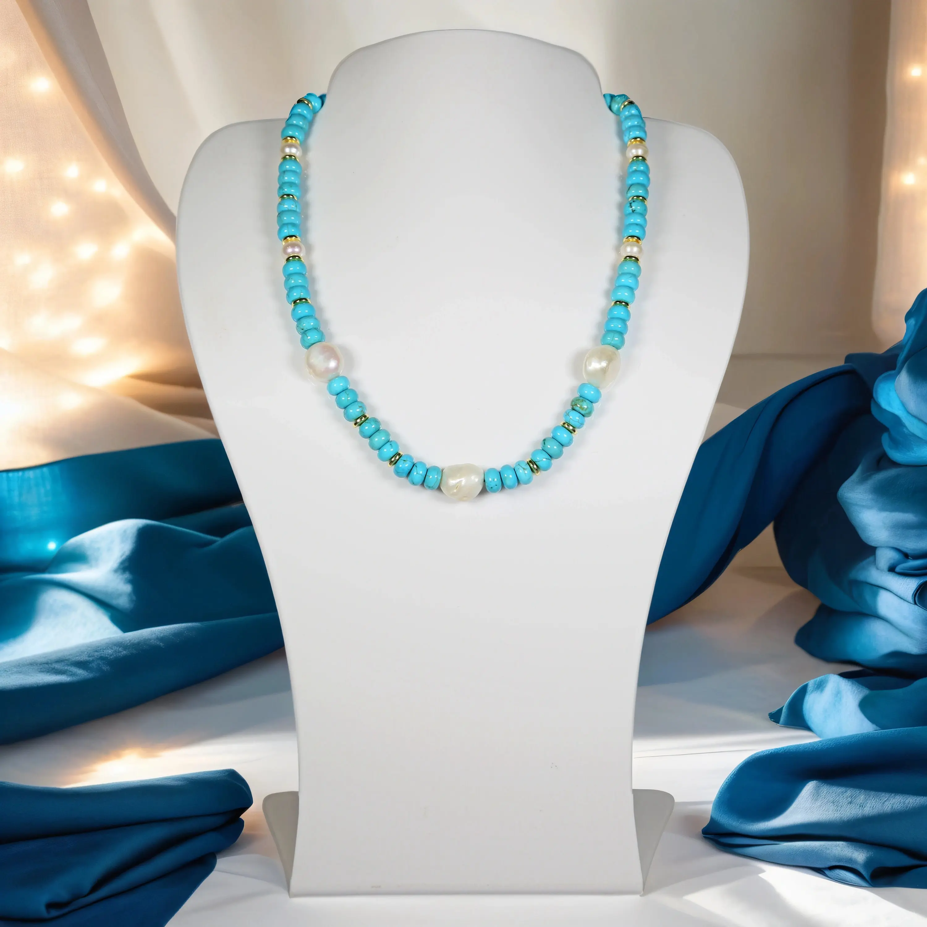 Rondelle Magnesite Turquoise and Button-Shaped Freshwater Pearls Necklace. Gemstone Pearl Necklace.