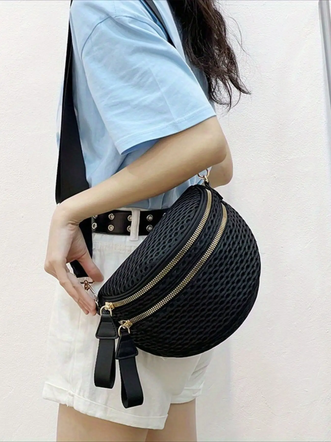 Ladies' fashionable mesh lightweight chest bag, semi-circular casual sports running crossbody bag, Zipper Fanny Pack, Zipper Bum Bag, Bumbag, Zipper Belt Bag