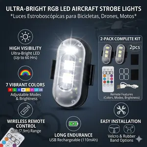 4PCS RGB LED Aircraft Strobe Lights with Remote Control, Wireless Anti-Collision Warning Flashlight, USB Rechargeable 7-Color Flashing Safety Lights for Motorcycle, Drone, E-Bike, and Car