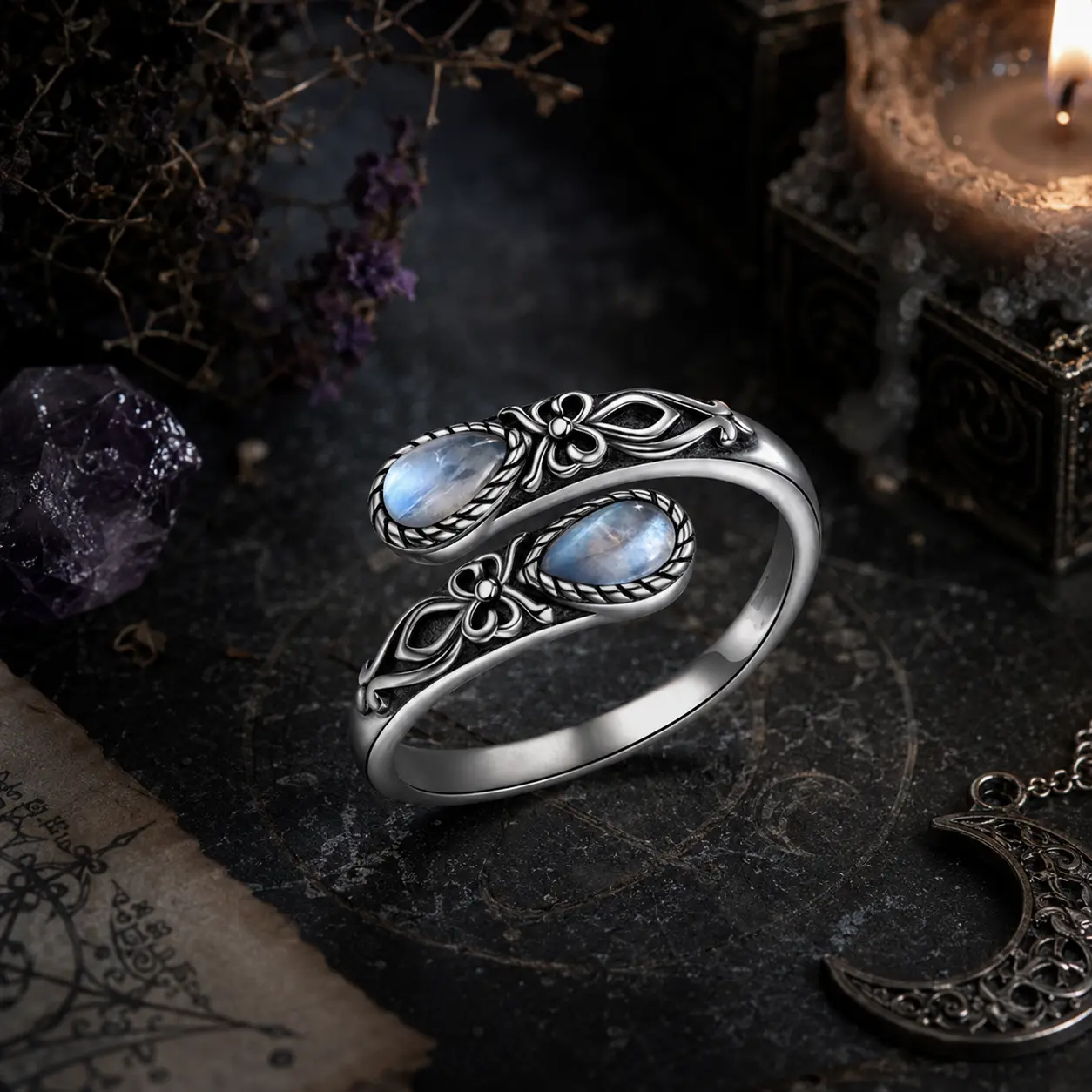 Women's Vintage Moonstone Ring, Elegant Sterling Silver with Floral Engraving, Adjustable Open Design for Everyday Party Wear, Adjustable Open Rings, Classic, Daily
