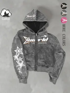 Unisex design, street style, Fitted, Graphic hoodies, black zipper hooded sweatshirt for spring and autumn seasons, made with cotton material, features 'Xworld' logo and star pattern, suitable for streetwear, Y2K, hip-hop