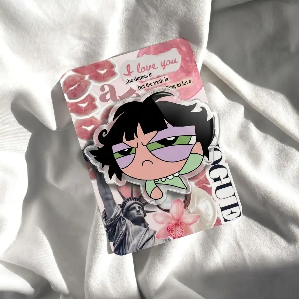 Cute Grumpy Cartoon Girl Phone Grip | Moody Face Purple Eyeshadow Phone Stand | Pastel Goth Aesthetic Green Dress Holder | Trendy Sassy Expanding Finger Grip Stand for Kindle