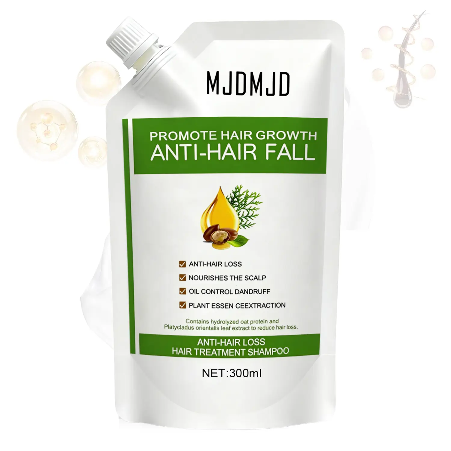 MJDMJD Anti Hair Fall Shampoo, Hair Growth Shampoo with Hydrolyzed Oat Protein & Platycladus Orientalis Extract, Nourishes Scalp, Oil Control & Dandruff Care for Women & Men, 300ml