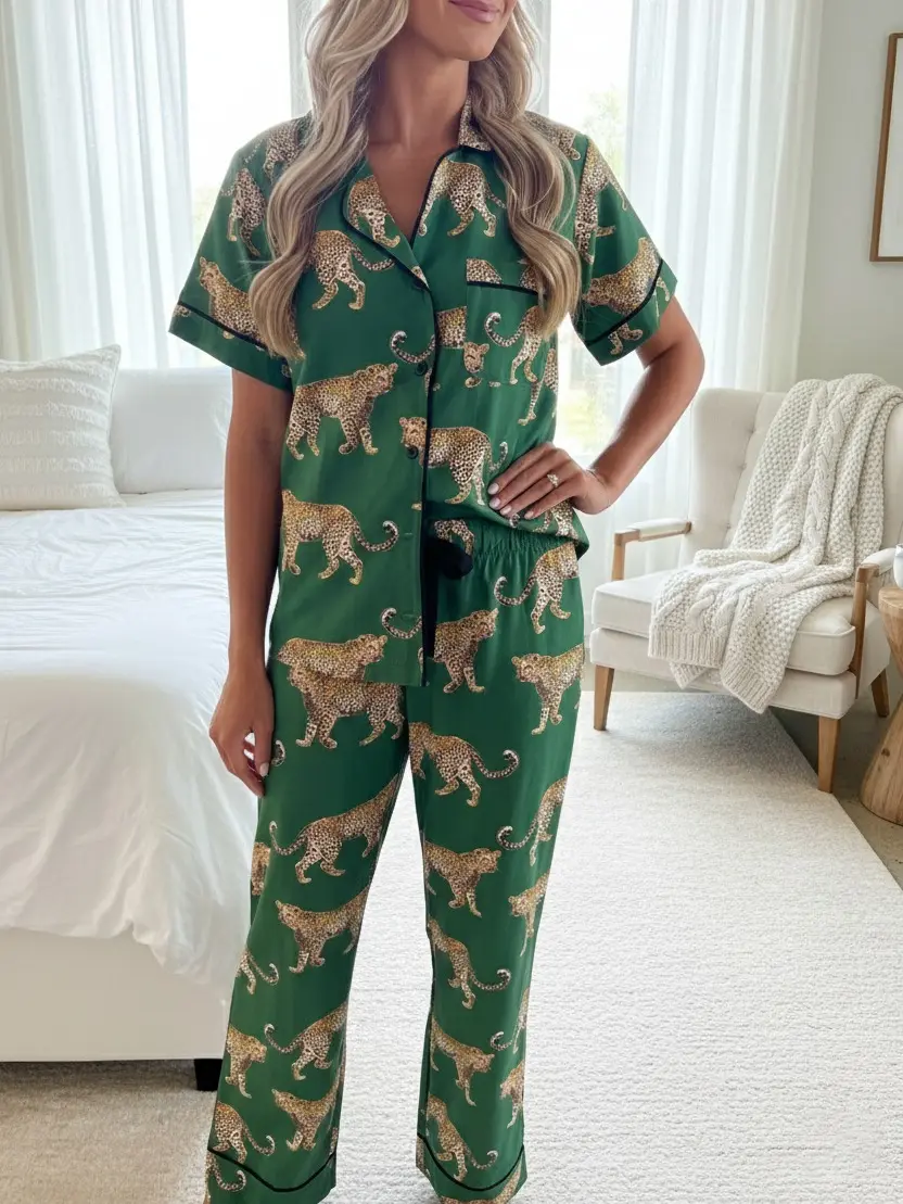 Women's 2-Piece Green Cheetah Print Short-Sleeve Pajamas Set - Breathable, Machine-Washable Athleisure Loungewear Nightwear, Above-The-Knee Shorts, Chic Relaxed Sleepwear