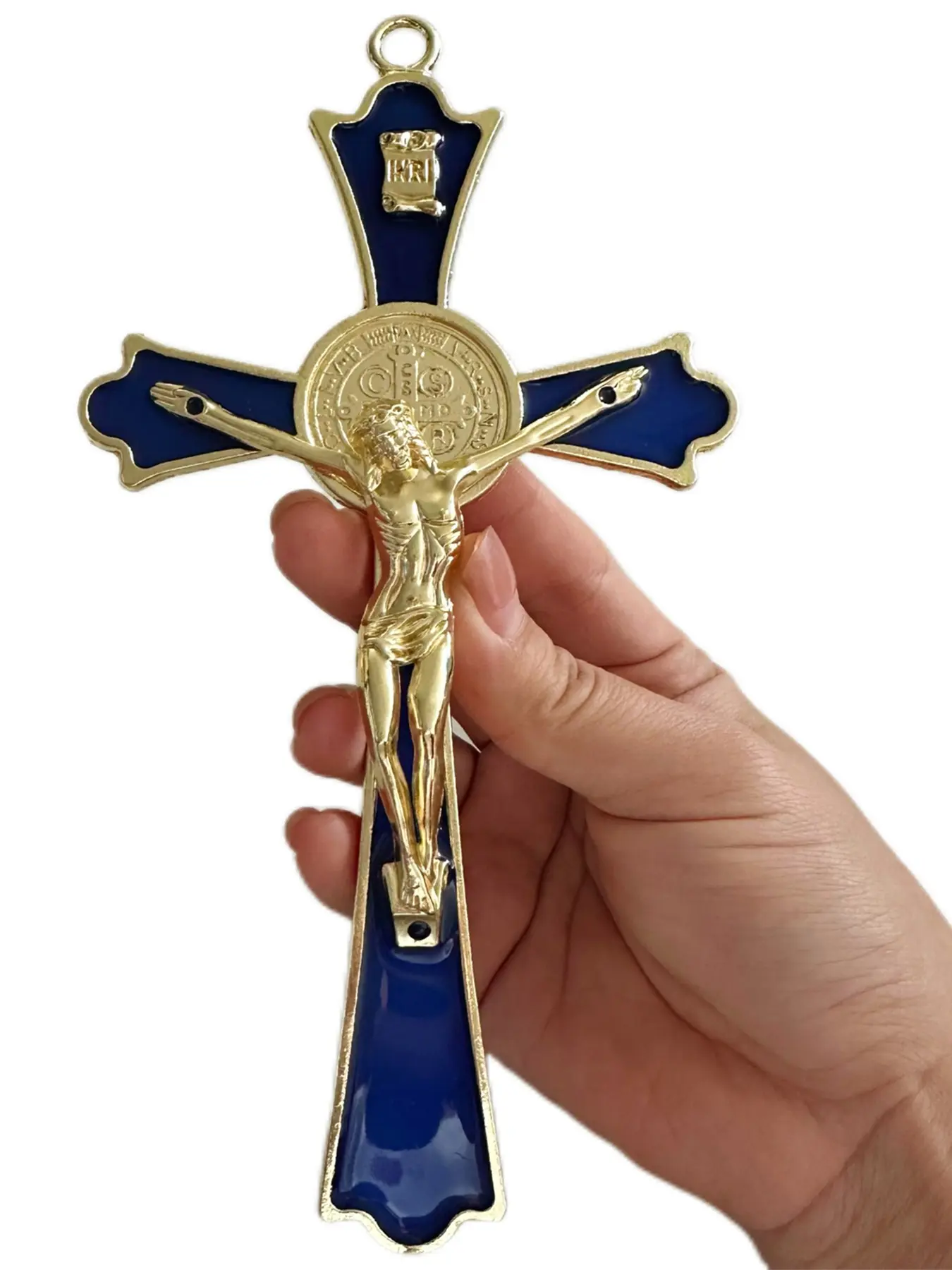 Golden St Benedict Crucifix Metal Wall Art, 7.8x4.1 Inch Cross, Blue/White Wall Decor, Religious Decoration, Catholic Gift, Hanging Cross Ornament, Cross Design