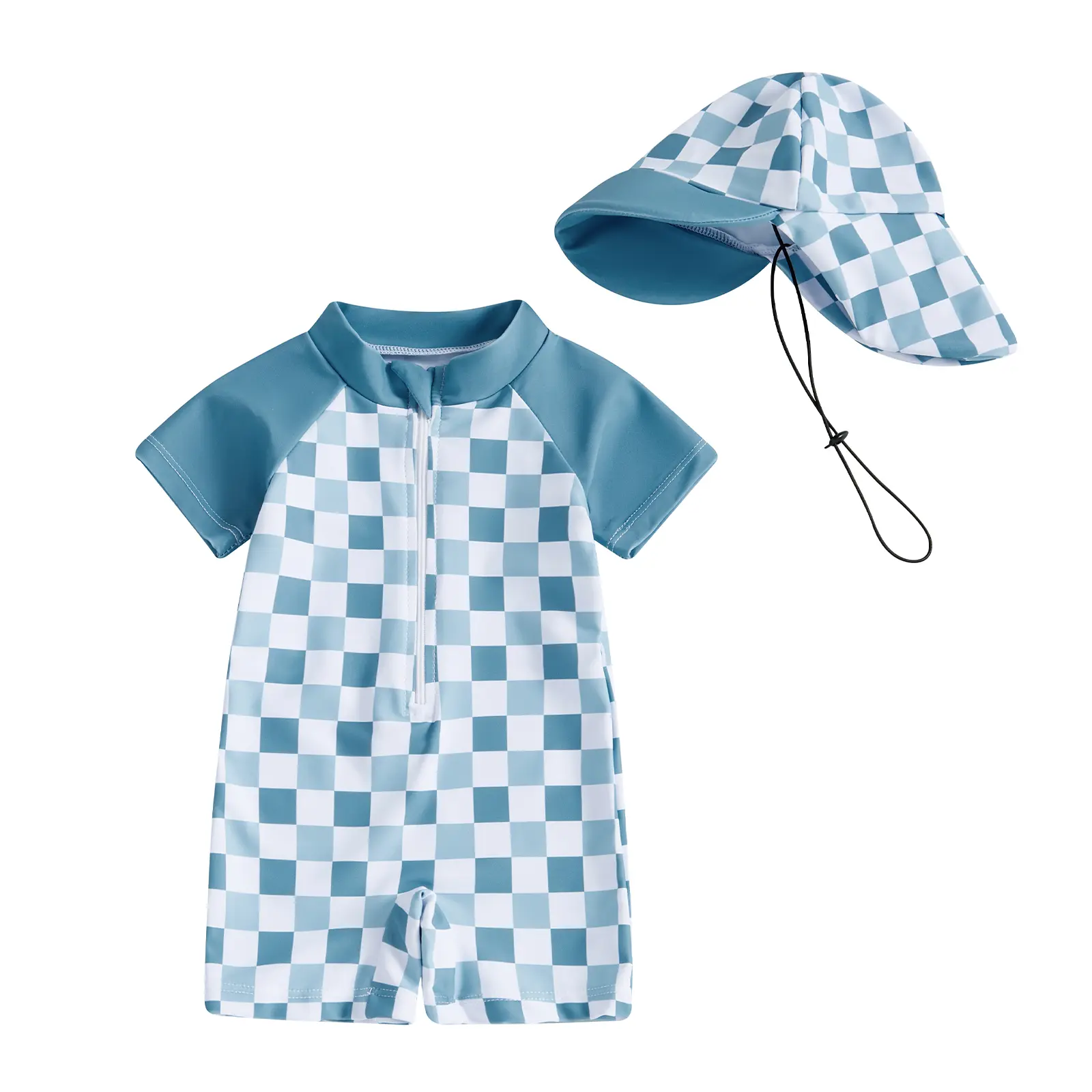 Babamoon Toddler Baby Boy Girl Swimsuit Toddler Checkered Print Half Zip Bathing Suit Swimsuit Rash Guard Surfing Suit Hat 0-3 Years