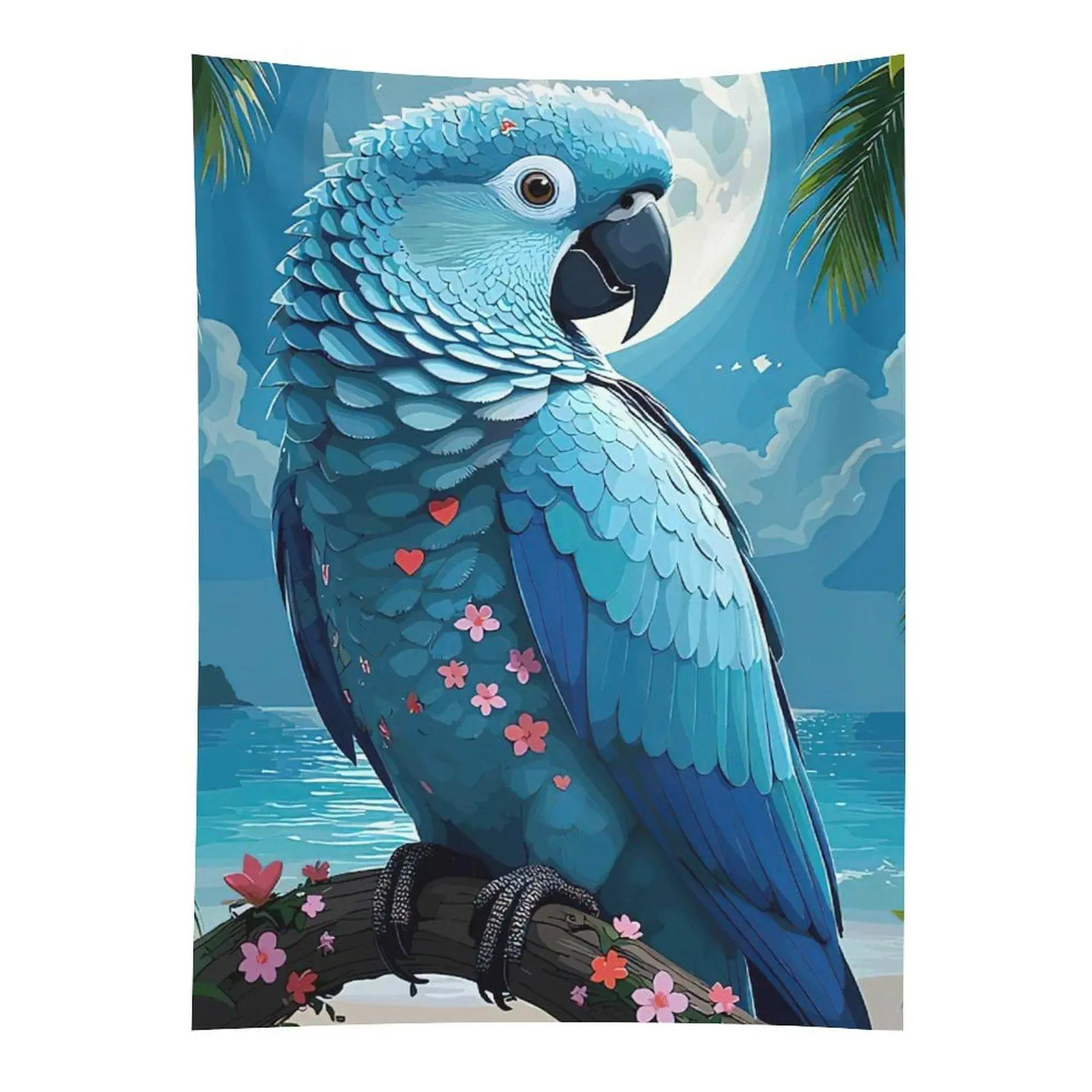 Blue Parrot Tropical Beach Tapestry Moon Ocean Bird Wall Hanging Decor