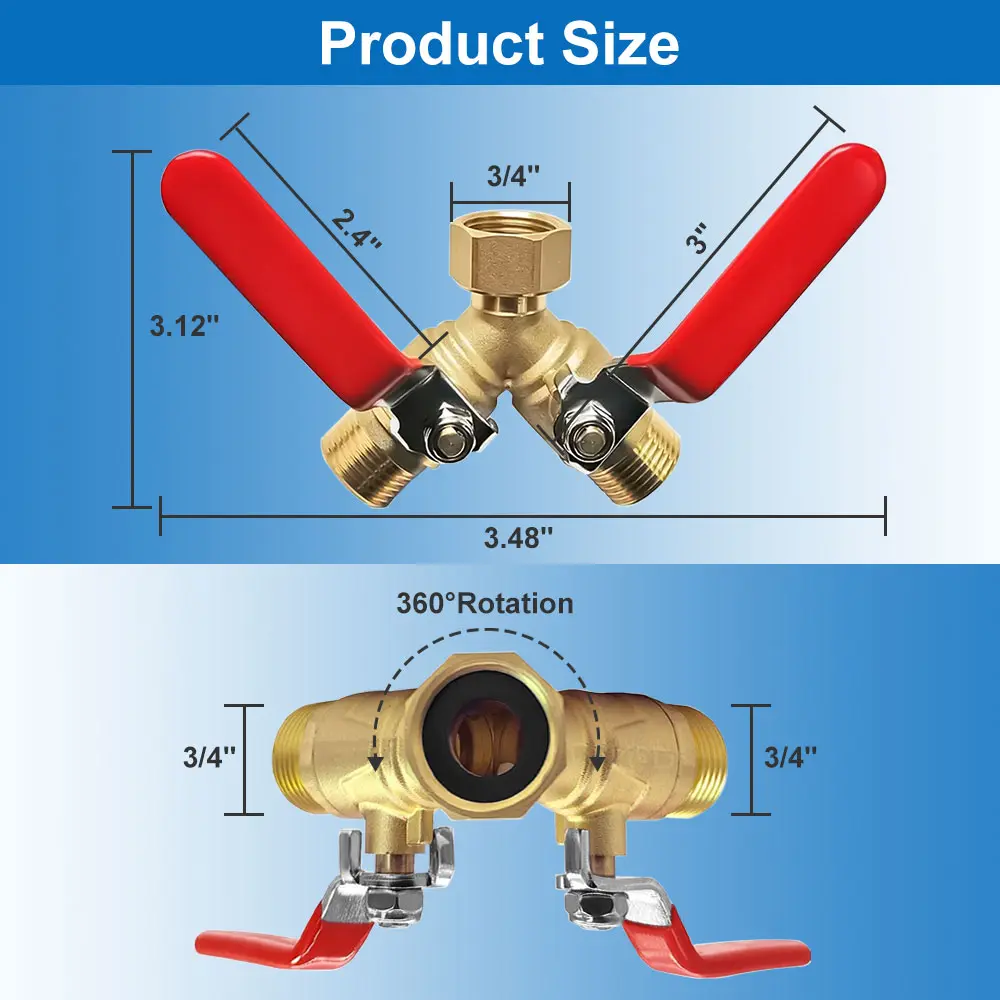 POMEADE Heavy Duty 2-Way Garden Hose Splitter, Brass Faucet Adapter with Long Handles, Outdoor Water Tap Valve Connector, Y-Shaped Hose Fitting for Gardening Efficient Water Flow Water Distribution