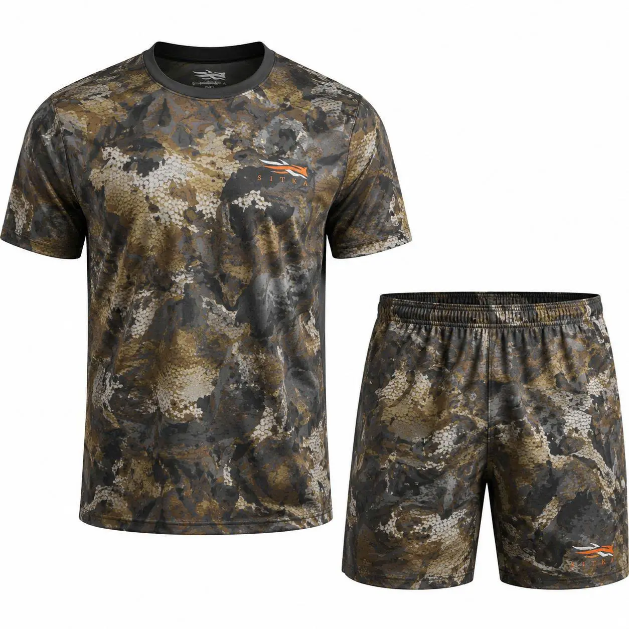 SITKA Camo Performance T-Shirt & Shorts Set for Men, Lightweight Breathable Hunting Outfit, Quick Dry Moisture Wicking Camouflage Athletic 2 Piece Clothing