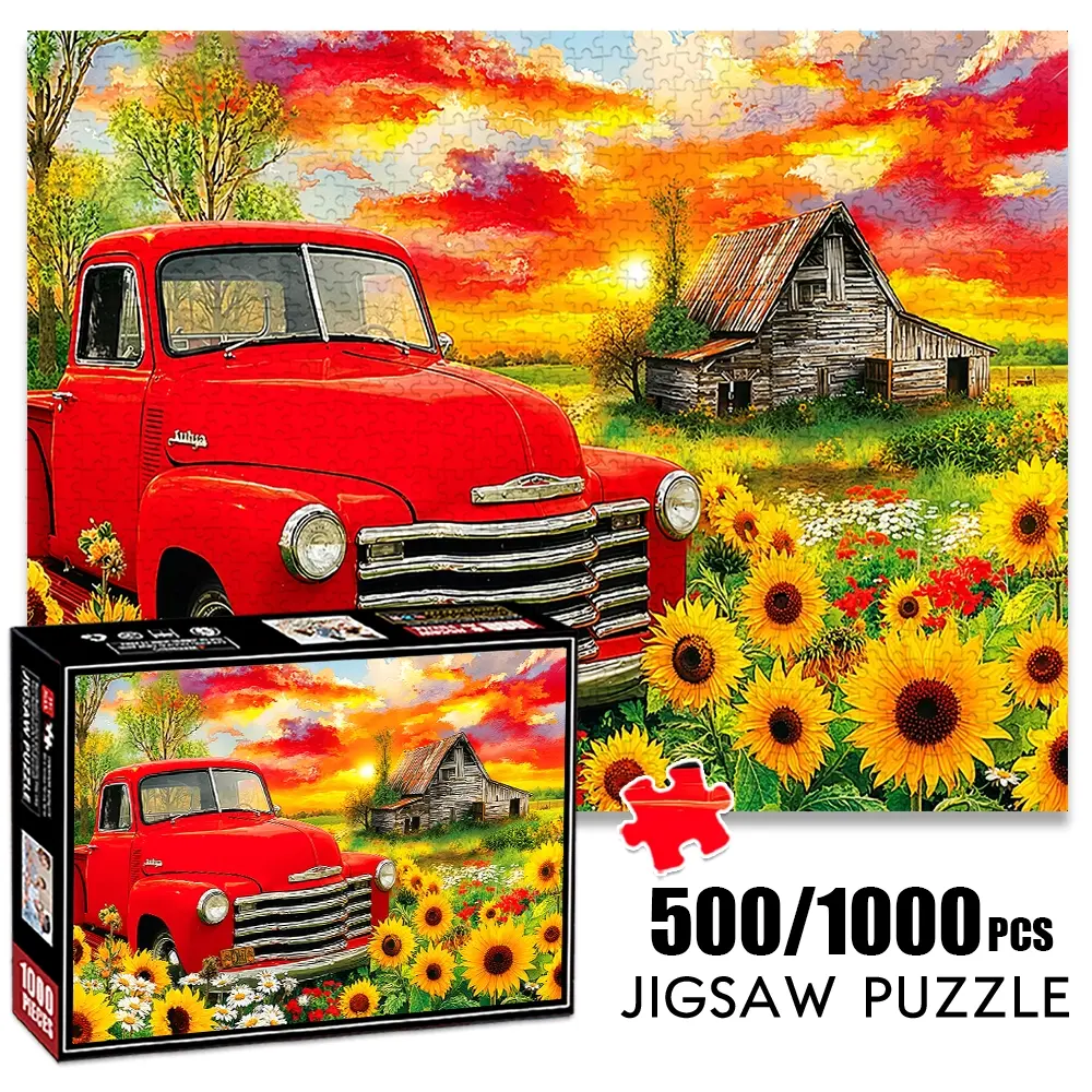 1pc 1000 piece adult puzzle 70x50cm Vintage Red Truck in Flower - Filled Field with Rustic Barn and Sunset Sky 500 pieces paper jigsaw puzzle suitable for DIY creative games for adults and familie Art Puzzles Gift
